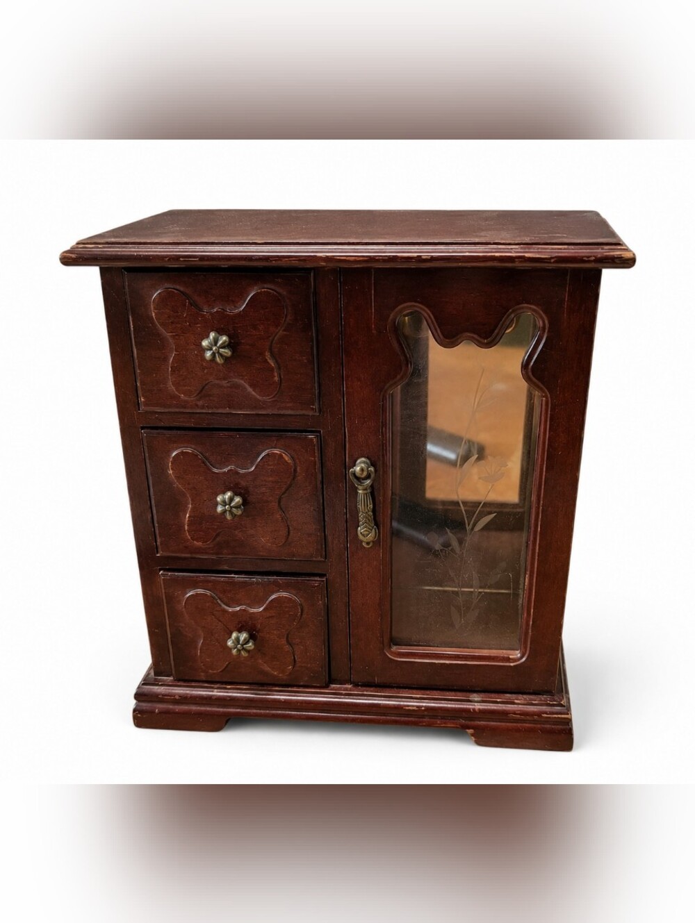 Vintage Wooden Jewelry Box Cabinet 3 Drawers Glass Door Dark Wood Storage Chest